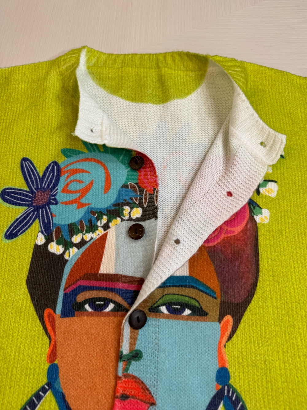 Colorful Art Knit Sweater XL Abstract Face Floral Wearable Art Statement - Picture 9 of 9